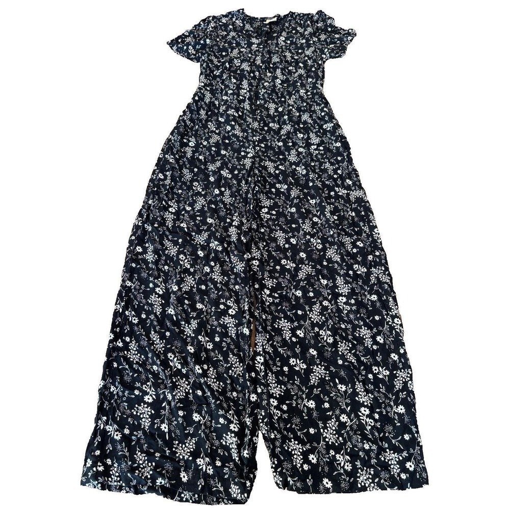 like new Japna jumpsuit black white‎ floral short sleeve button front womens' XS